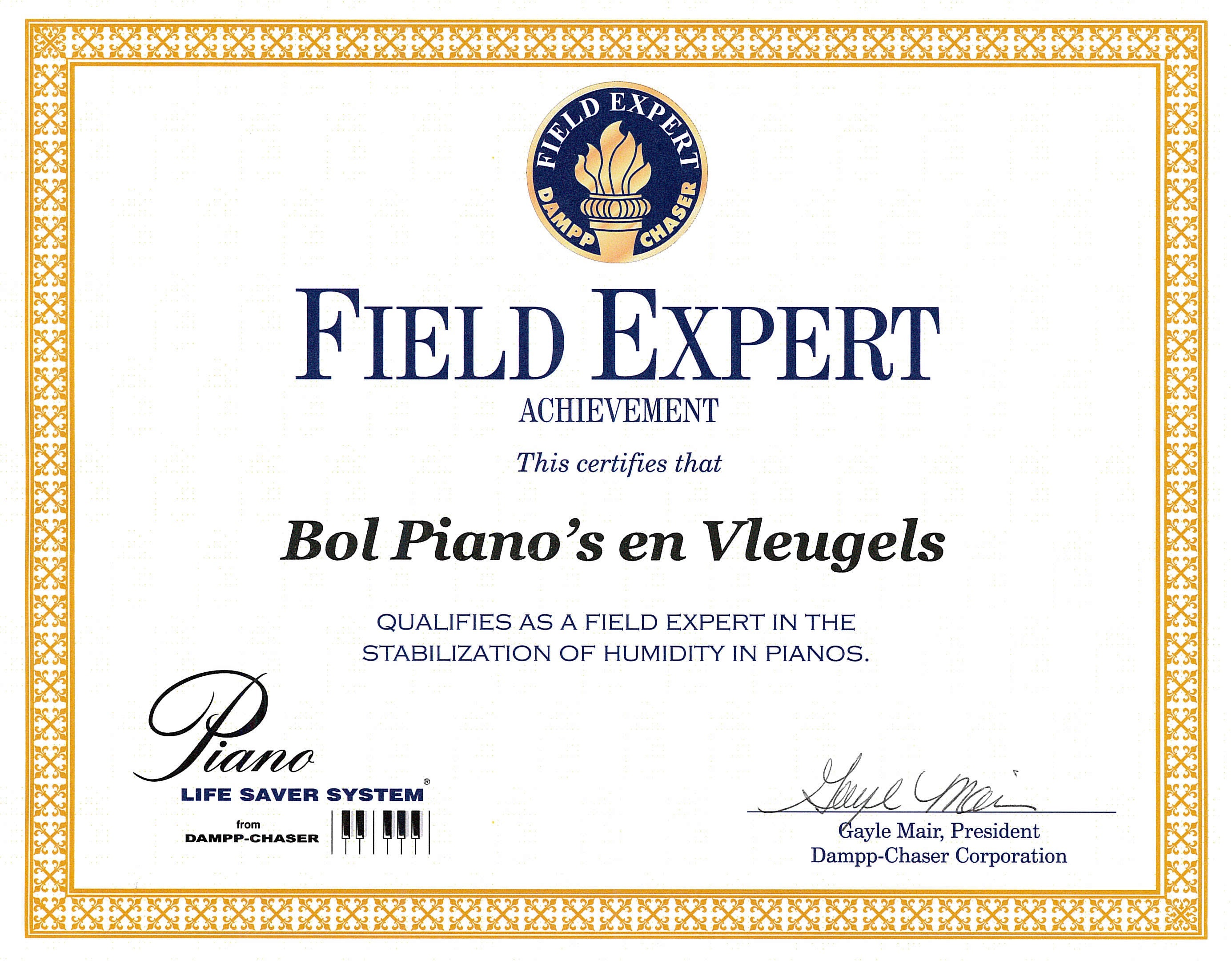 Dampp-Chaser Vleugelpiano Certificaat